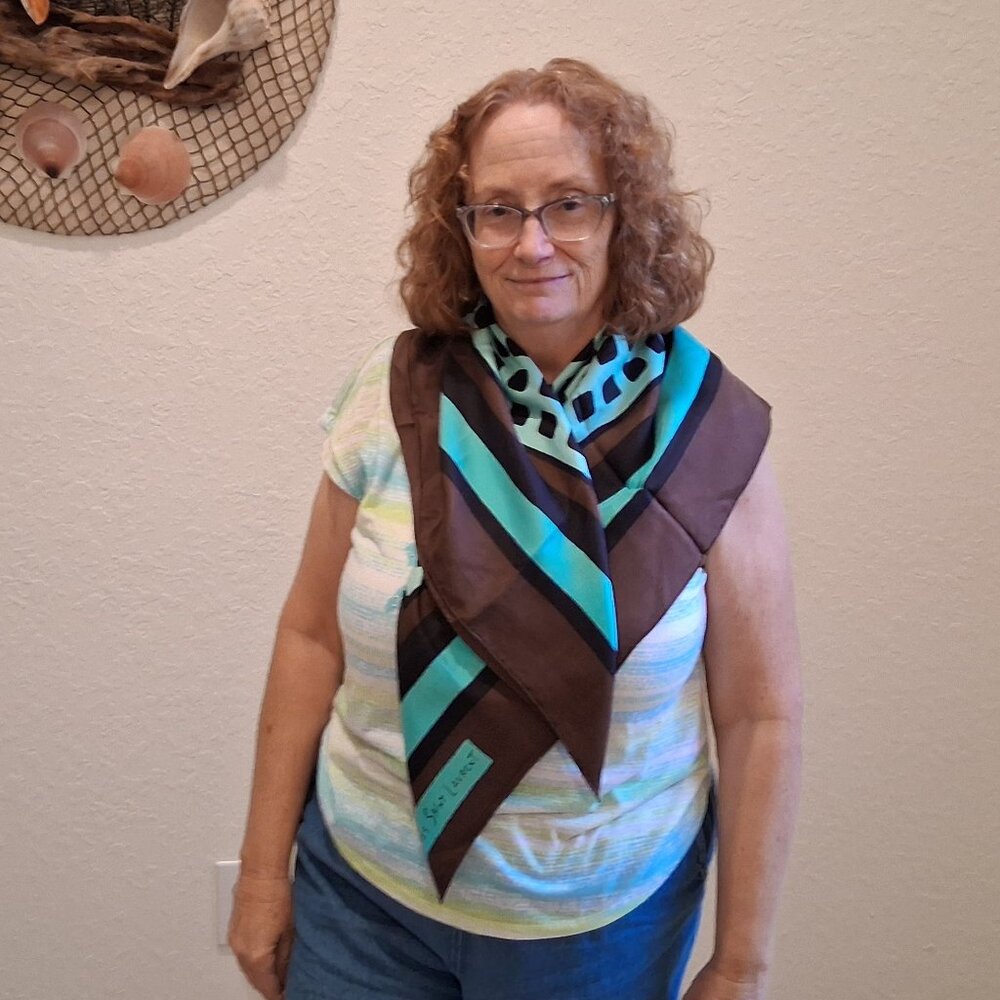Yves Saint Laurent Brown & Turquoise Geometric Square 100% Silk Scarf with COA